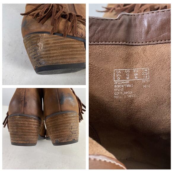 Clarks Brown Distressed Leather Artisan Fringe Block Heel Ankle Boots Sz 12 - Picture 6 of 11